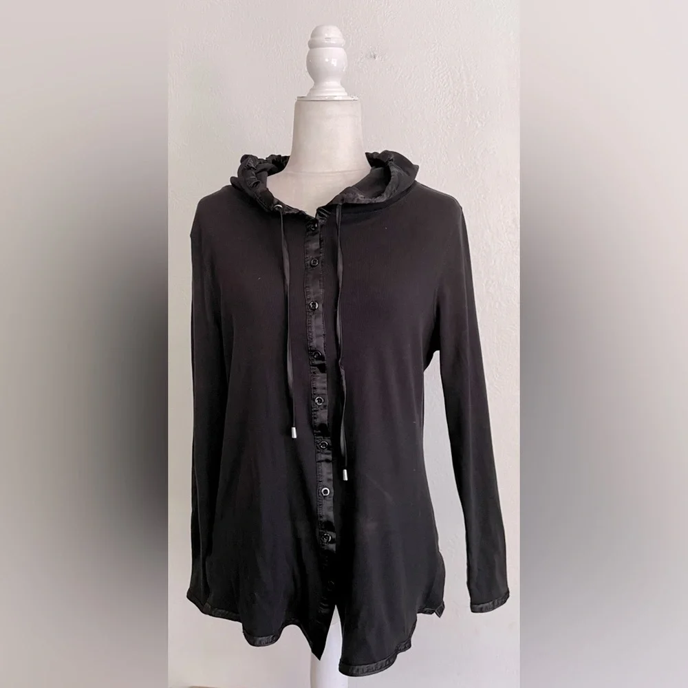 CHRISTINE ALEXANDER Cotton Modal Ribbon Lined Button Up Hoodie - Picture 1 of 6